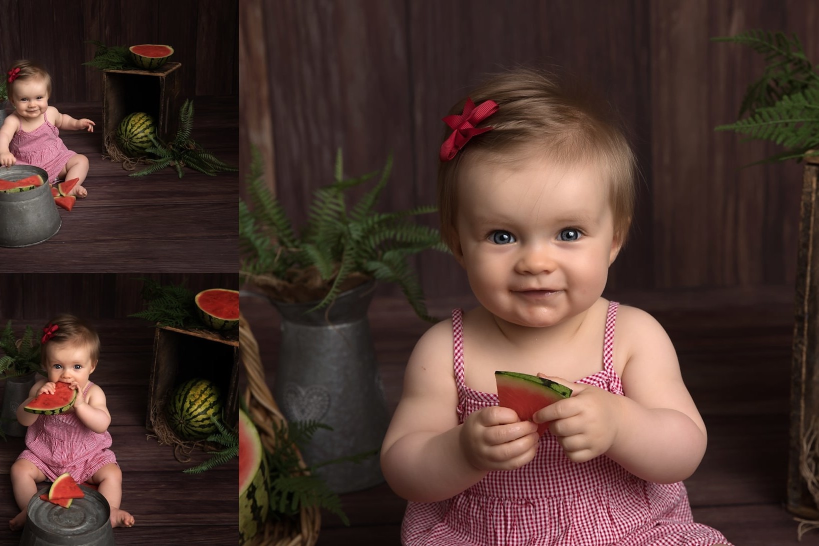 Smiling baby girl eating watermelon slices